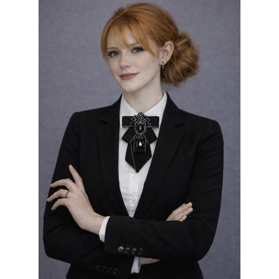 Krawatka ozdobna z broszką – czarna, regulowana tasiemka z agrafką, gothic glamour.